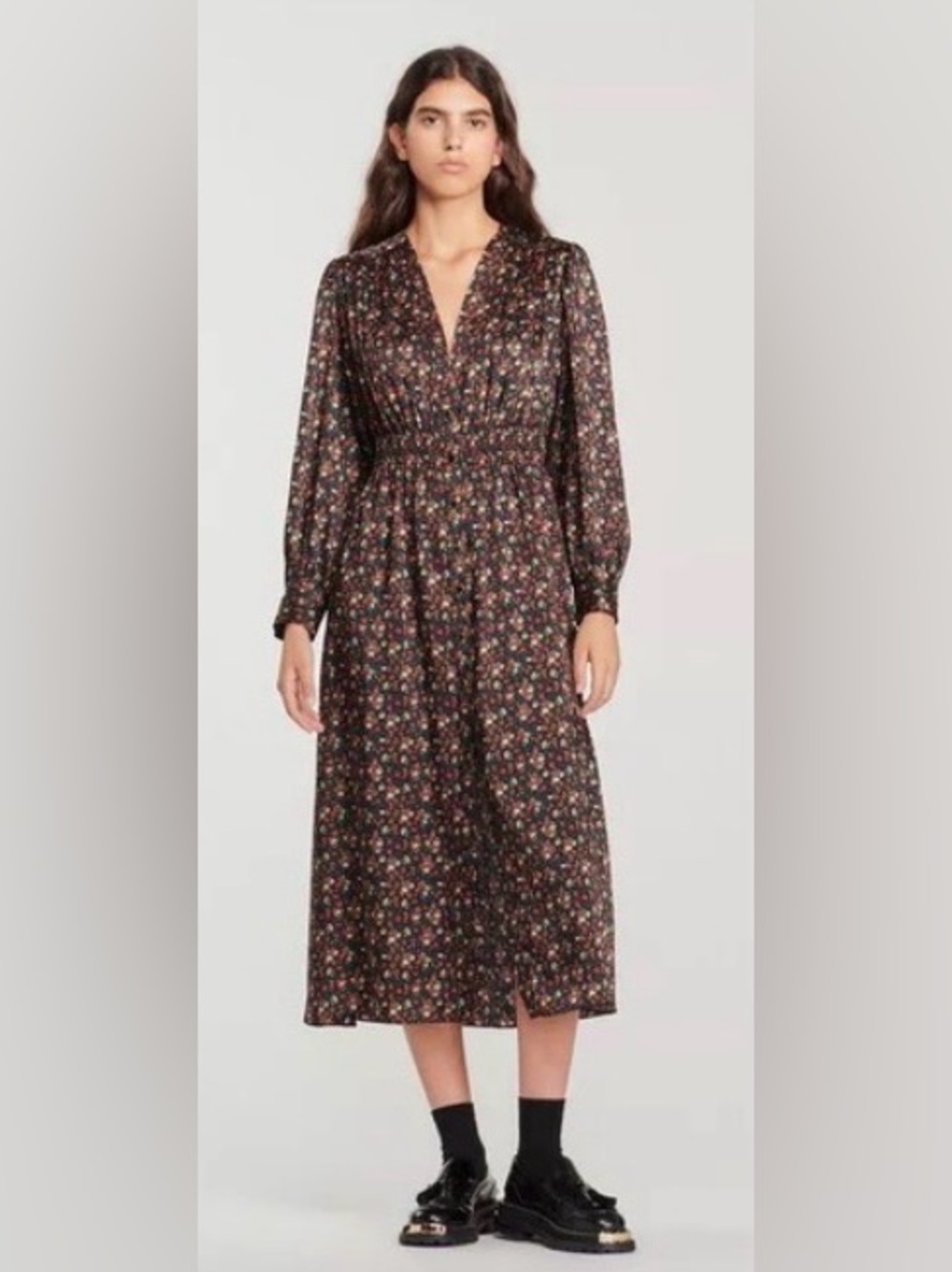 Sandro Tabatha Long Ballon Sleeve Midi Dress Leg Slits Black Floral Size 42 = XL